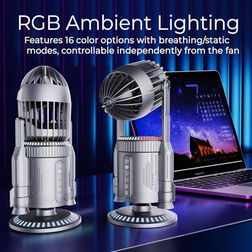 LAMJIE Rocket Desk Fan with Mist Humidifier, 5000mAh Portable Cordless Table Fan, RGB Gaming Room Decor, 180° Auto-Oscillating & Tilt, Quiet Personal Cooling for Office, Bedroom & Gifting (Silver) by LAMJIE - Used condition - Image 6