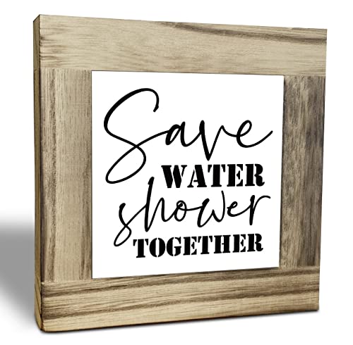 Rustic Bathroom Wood Plaque Sign, Save Water Shower Together, Funny Bathroom Décor Sign, Box Wooden Plaques Signs, Toilet Shelf Décor Sign, Rustic Farmhouse Bathroom Wood Sign 4.3×4.3×0.7inch