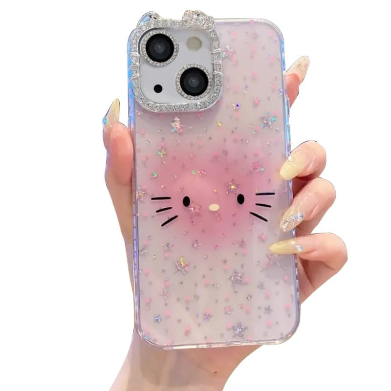 mobistyle Designed for iPhone 13,Cute Sparkling Cat Pattern Camera Protection Back Cover Case for Women Girls | iPhone 13,Pink |