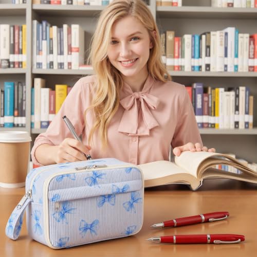 Image of WOBAGMEN Cute Pencil Case,Large Corduroy Zippered Pencil Case Pouch, aesthetic Pencil Bag with Compartments(Blue Bow)