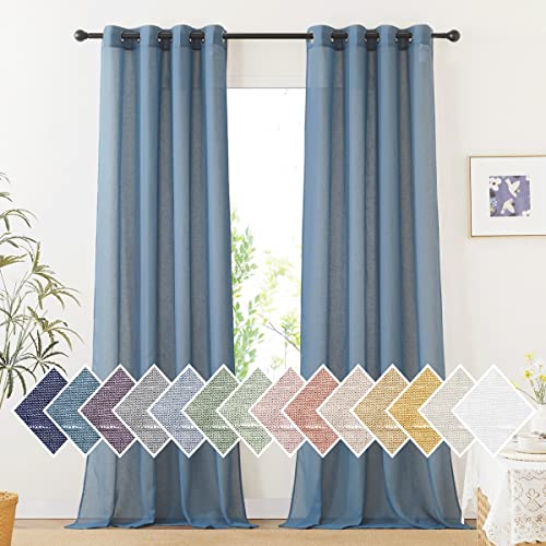 NICETOWN Flax Linen Sheer Curtains for Living Room, (Stone Blue) Grommet Vertical Drapes Semi Sheer Linen Curtains Privacy with Light Filtering for Bedroom/Farmhouse, W52 x L96, 1 Pair