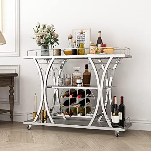 FABOMEI Silver Bar Carts with Glass Holders & Wine Rack,3 Tier Home Bar Serving Carts with Glass Shelves,Metal Rolling Bar Carts for The Home Kitchen, Party