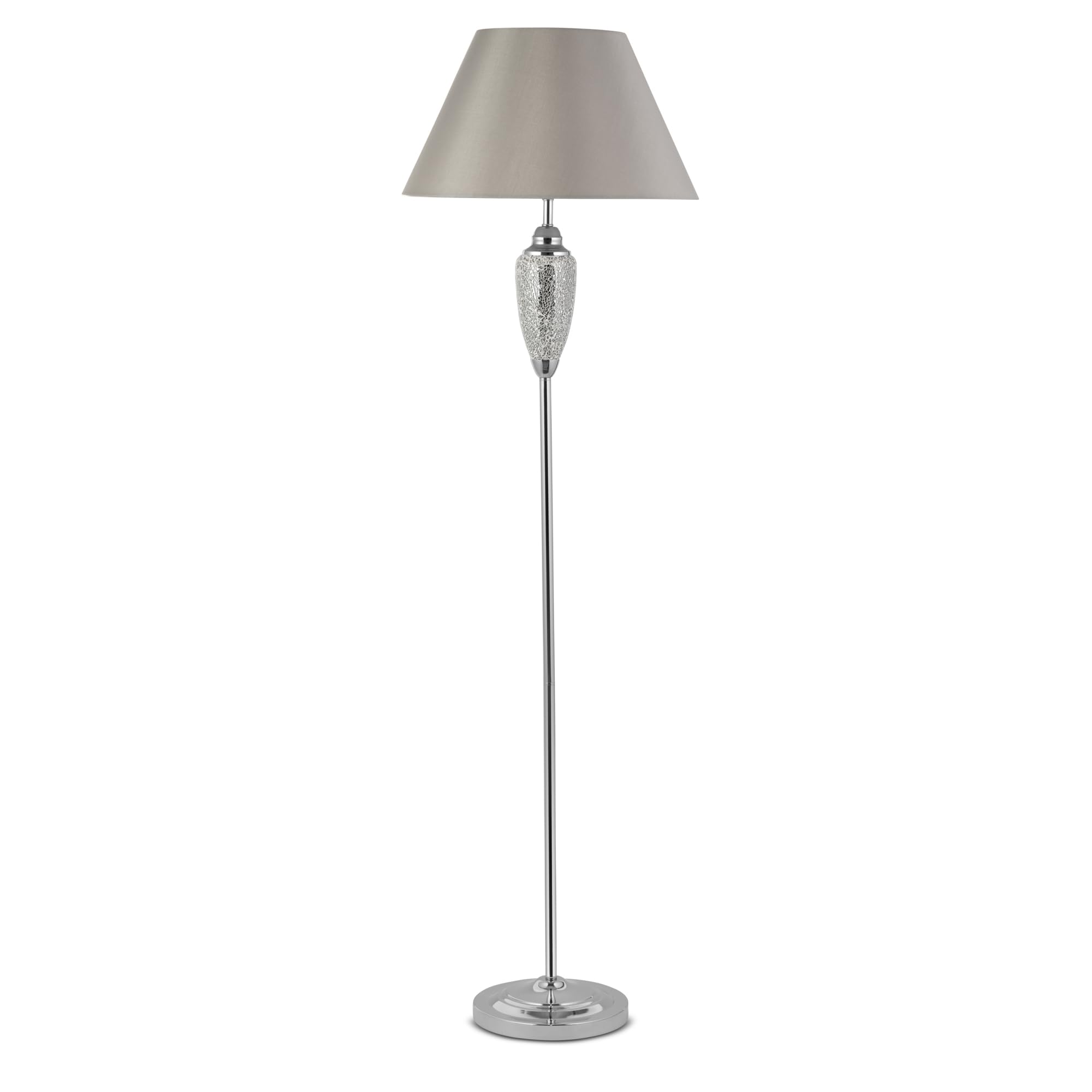 Isabella Mirrored Glass Floor Lamp with Grey Taffeta Shade, Chrome Finish Standing Lamp for Living Room, Bedroom and Lounge, Decorative Crystal Effect, 157cm Tall, B22 Bulb Compatible