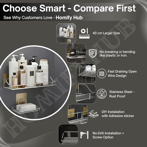 Image of Dueset Bathroom Shelves & Kitchen Organizer Rack | No Drill Stainless Steel Self Adhesive Wall Shelf Combo of 1 Wall Shelf & 2 Stickable Soap Holders with Drain Tray (Silver, Pack of 3)
