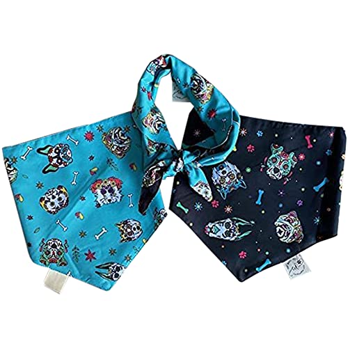 Cat Woof Pets Day of The Dead Dog Bandanas Handkerchiefs Dog Fall Bandanas Sugar Skulls Dog Scarfs Triangle Bibs for Dogs Lovers Halloween Bandanas Black & Blue - Small, Black and Blue