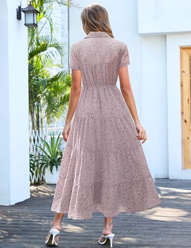 Image of Kranda Women 2026 Summer Collared V Neck Short Sleeve Button Down Chiffon Long Tiered Floral Maxi Dress with Pockets