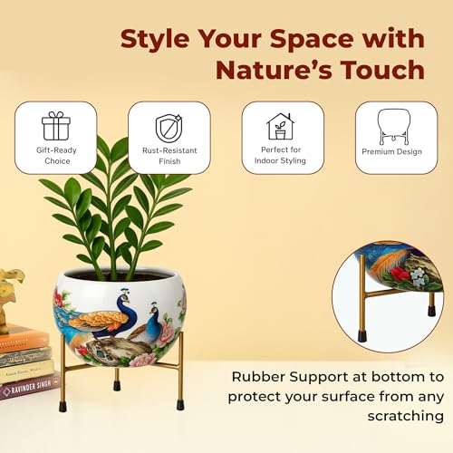 Image of Natural Earth Metal Flower Vase Planter Pot with Iron Stand | Decorative Plant Cachepot for Indoor & Outdoor Use | Succulent Pot for Home & Garden Decor (Charming Peacock)