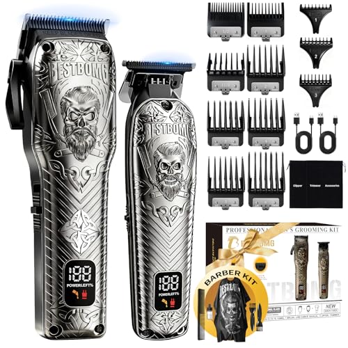 BESTBOMG Kits y juegos profesionales de corte de pelo y barba, cortadora de pelo de metal, kit de aseo con batería de larga duración para uso familiar (gris)