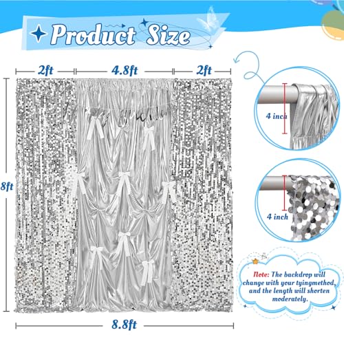 Image of Silver Easter Sequin Backdrop Curtain Drapes - 8.8x8ft 18MM Large Sequin Curtain Backdrop Panel Glitter Photo Background for DIY Birthday Party Photography Decorations