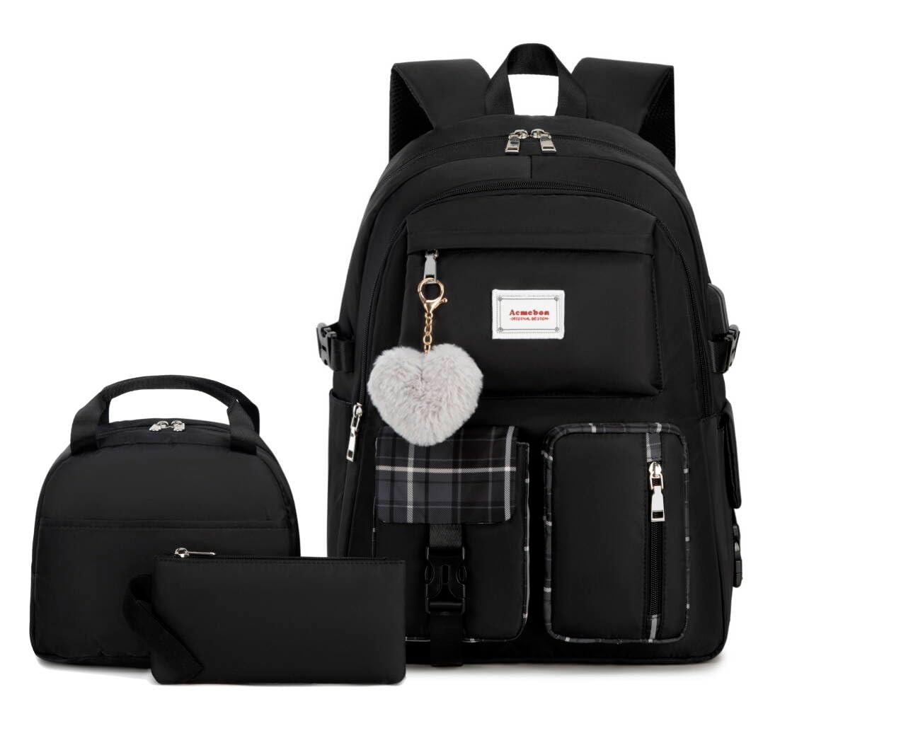 Acmebon Girl Roomy Fashion Laptop Backpack Set Casual Daypack Set for Women Black