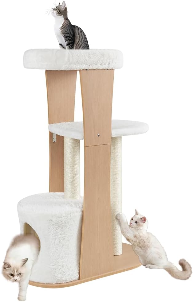 beeNbkks Cat Tree for Large Pets, Modern Tall Cat Tower with Condo Scratching Post Perch Bed, Indoor Wood Pet Furniture for Multiple Kittens