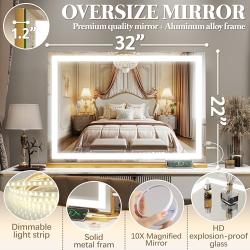 FENNIO Vanity Mirror with Lights 32"x22", Lighted Makeup Mirror, Large Vanity Mirror, Touch Sensor with 3-Color Lighting, 10X Magnification and USB Charging Port for Vanity Desk(Square Gold)