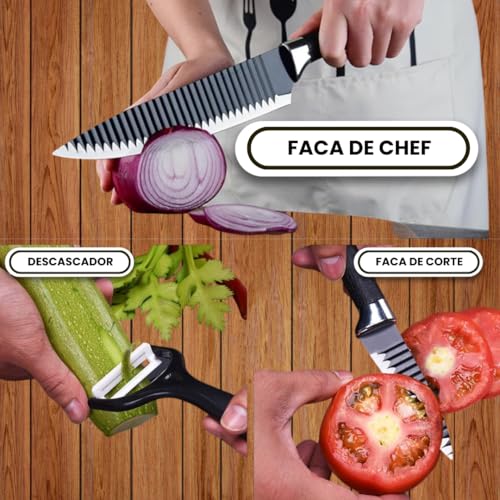 Kit de Facas Profissional 6 Peças + Amolador de Facas Premium – Super Afiado, Ergonômico e Inoxidáve