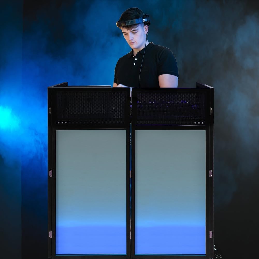SMONTER Cabina de DJ portátil de 41 pulgadas de largo x 20 pulgadas de ancho, fachada de DJ con tela blanca y negra, estación de mesa de DJ plegable con patas ajustables para fiesta, marco de metal