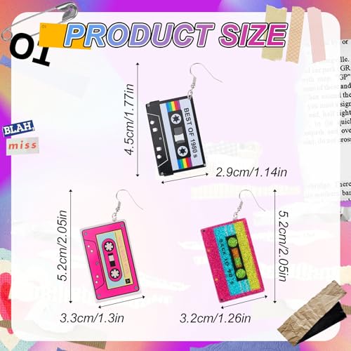 3 Pairs Cassette Tape Earrings, 80s 90s Neon Acrylic Drop Earrings for Women Glitter Retro Jewelry Radio Earring for 80s 90s Outfits Glow Parties Music Festivals Halloween2