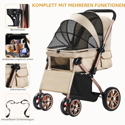 DWVO Hundebuggy 3 in1 Hundebox Transporttasche, Faltbar klappbar Katzenwagen Bis 22kg, 360° Verschleißfeste EVA-Räder, Ablagekorb, Netzfenstern, 58,5x76x105cm, hundewagen für hunde (Beige)