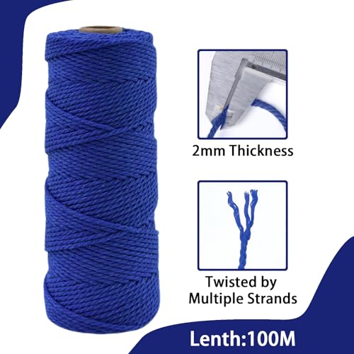POPOYU 2mm Macrame Cord,100m Natural Cotton Macrame Rope,Sapphire Blue Macrame Cotton Cord Twine Rope Craft String Without Chemicals for DIY Crafts,Macrame Art,Gift Wrapping,Christmas Wedding Decor - Image 2
