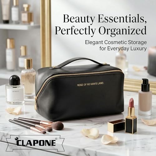 Image of Cosmetic Bag for Women, PU Leather Makeup Pouch, Large Capacity Travel Makeup Organizer with Divider & Handle, Waterproof Portable Vanity Storage Bag for Toiletries (Black)