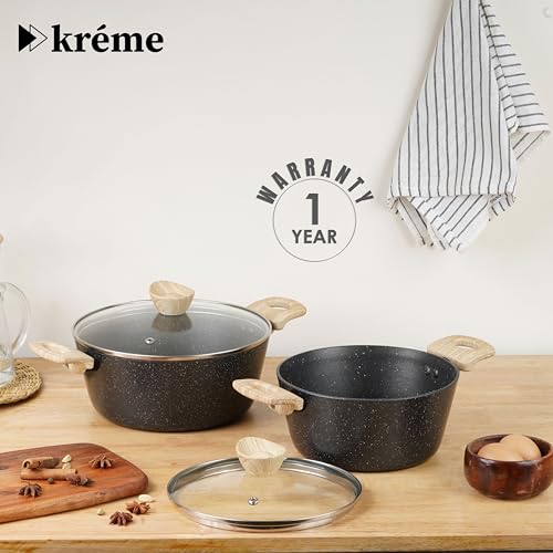 Image of Kreme Venetia Premium Series 4-Piece Granite Casseroles Cookware Set with Lid | Non-Stick Aluminium Cooking Pot | Granite Coating | Induction & Gas Stove Compatible | Healthy Low-Oil Cooking, Grey
