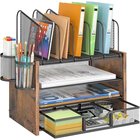 DAOUTIME 4-Tier Mesh Desk Organizer, Wooden Desk File Organizer with 5 Vertical File Holders and 2 Pen Holders, Desktop Organizer with Drawer, Desk Organizers and Accessories for Home Office Cover