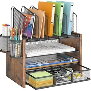 4-Tier Mesh Desk Organizer, Wooden Desk File Organizer with 5 Vertical File Holders and 2 Pen Holders, Desktop Organizers and Accessories with Drawer for Home Office