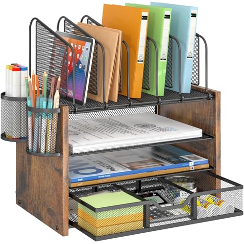 DAOUTIME 4-Tier Mesh Desk Organizer, Wooden Desk File Organizer with 5 Vertical File Holders and 2 Pen Holders, Desktop Organizers and Accessories with Drawer for Home Office
