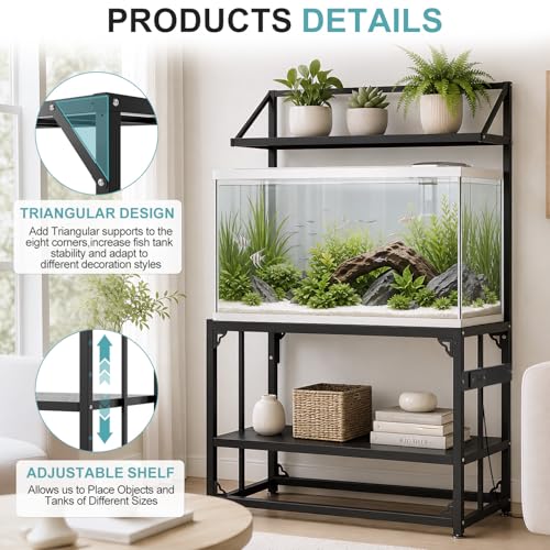 Image of Fish Tank Stand 40 Gallon 3 Layer, Metal Aquarium Stand with Power Outlet 36.5 inch L x 18.2 inch W x 56.2 inchH, 3-Layer Heavy-Duty Reptile Terrarium Stand, Suitable for Home and Office Use, 900LBS Capacity, Black (Tank not Included)
