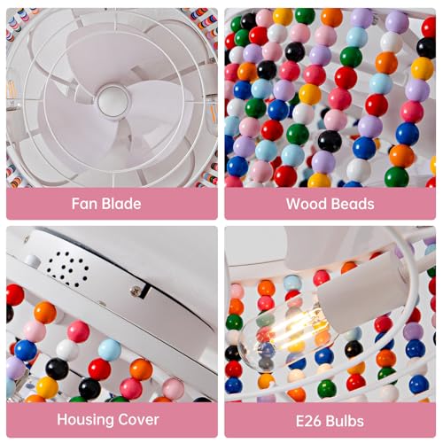 Image of Ceiling Fans with Lights and Remote - Bulbs Included, Caged Fandelier with Handcrafted Beaded Decor 19 inches Reversible Flush Mount Installation Ceiling Fan, Colorful