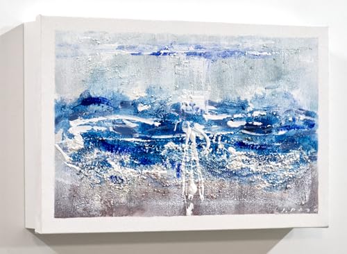 Tapa de Contador Pintada a Mano 37x22x4 cm (41x26x6 cm medida exterior) Paisaje de Mar Abstracto, Azul y Gris, Con Relieve,100% Original, Firmado, Incluye Tornillos para Fijar en La Pared