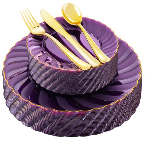 YOUBET 125PCS Purple Plastic Dinnerware Set - Gold and Clear Purple Disposable Plates Include 50 Plastic Plates 75 Silverwares for Wedding Birthday Parties YOUBET 125PCS Purple Plastic Dinnerware Set - Gold and Clear Purple Disposable Plates Include 50 Plastic Plates 75 Silverwares for Wedding Birthday Parties