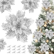 OCTERIC 36 Pcs Christmas Glitter Poinsettia Flowers Artificial Ornaments Fake Flowers Decorations Glitzy Poinsettia with Clips Christmas Decor for Xmas Tree Wreaths Ornaments Silver