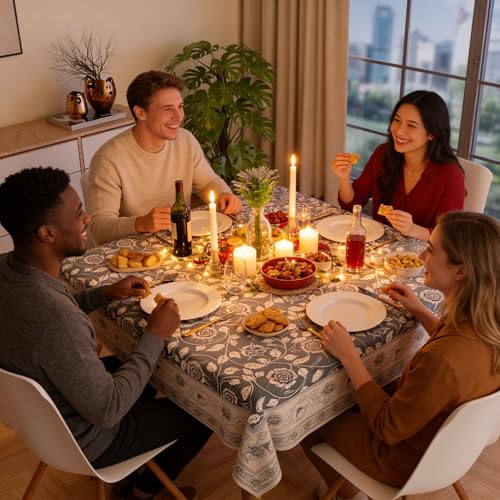 Image of Encasa XO Dining Table Cover Cloth for 4 Seater | 140x140 cm Square Table Cloth | Water Repellent Polyester Tablecloth for Indoor & Outdoor Use - French Grey Digital Print