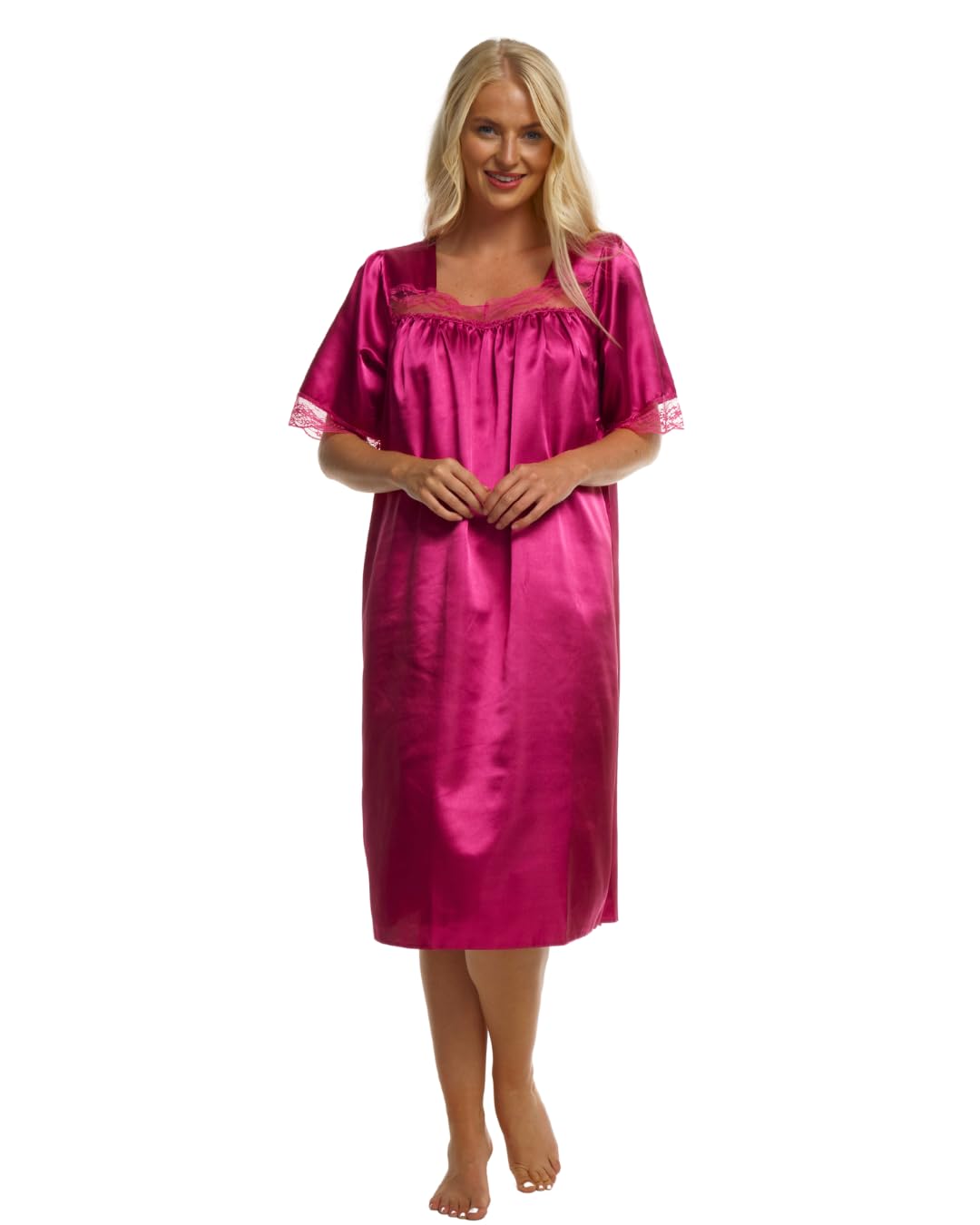 Suzy & Me Ladies Short Sleeved Lace Trim Satin Nightdress (24-26, CERISE)