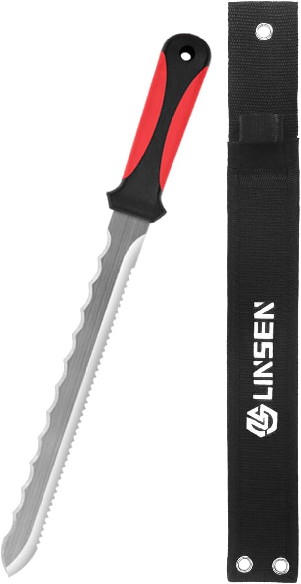 Insulation Knife, Stainless Steel Garden Knife with 11" Blade, Double Side Sod Cutter with Nylon Sheath for Cutting Mineral Wool and Insulation Foam Board - Red