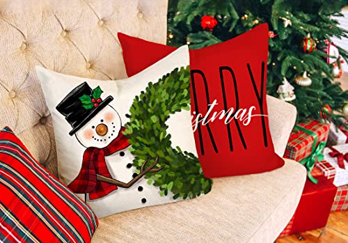 Red Christmas Pillow Covers 18X18 Set Of 4 Farmhouse Christmas Decorations Snowman Wreath Santa Claus Tree Merry Christmas Holly Jolly Winter Holiday Decor Throw Cushion Case For Home Couch S22C17 #TOP2