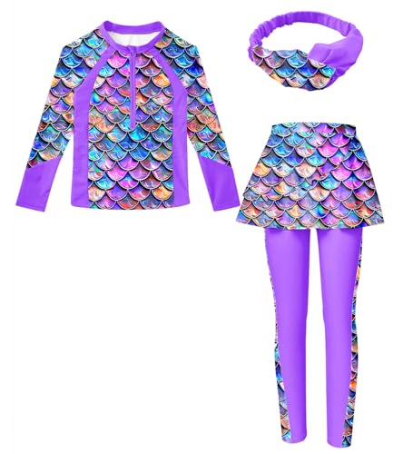 Image of Girls Long Sleeve Rashguard Half Zip Swimsuits UPF 50+ Two Piece Swim Sets with Hairband 5-12Y | Two Piece Swim Sets with Hairband