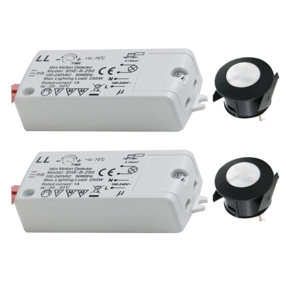 2 Pack - Black Round Fascia PIR Sensor Switch | Head Diameter 24.3mm | 240 Volts | 250W Max Load | Adjustable Time Delay | 2.5M Range | 1.5M Cable