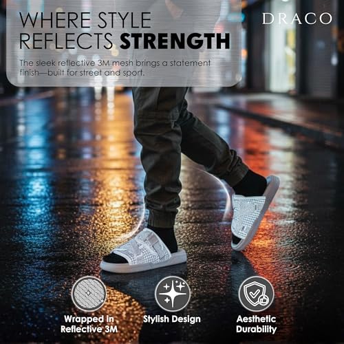 Image of Draco DracoSlides Reflective Slides for Men and Women, Wrapped in Reflective 3M with Adjustable Straps for Wide /Narrow Feet, Sandals with Arch Support & Slip Resistant, Men & Women Footwear, Black