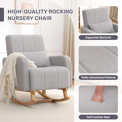 Image of HCHAIRH Nursery Rocking Chair with Ottoman, Upholstered Glider Rocker with High Backrest Side Pocket, Rocking Accent Armchair with Solid Wood Legs for Nursery, Living Room, Bedroom, Light Grey