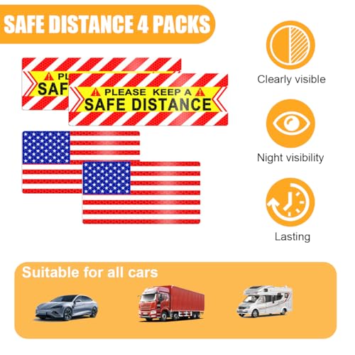 Image of Zpana American Flag Car Reflective Magnetic Stickers, 4PCS Keep a Safe Distance Safety Warning Signs Sticker for Auto Window Bumper, Vehicle Exterior Decor, Universal for SUV Sedan Truck