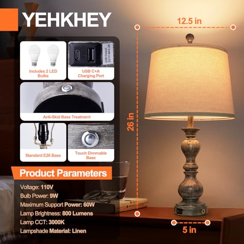 Set of 2 Touch Control 26 Farmhouse Bedside Lamps with USB Charging Ports (Black)
