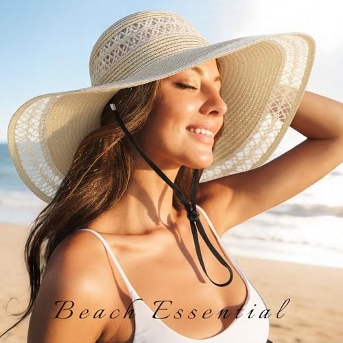Image of Womens Beach Sun Straw Hat, Wide Brim Sun Hat Travel Foldable Summer Wind Lanyard UPF 50+