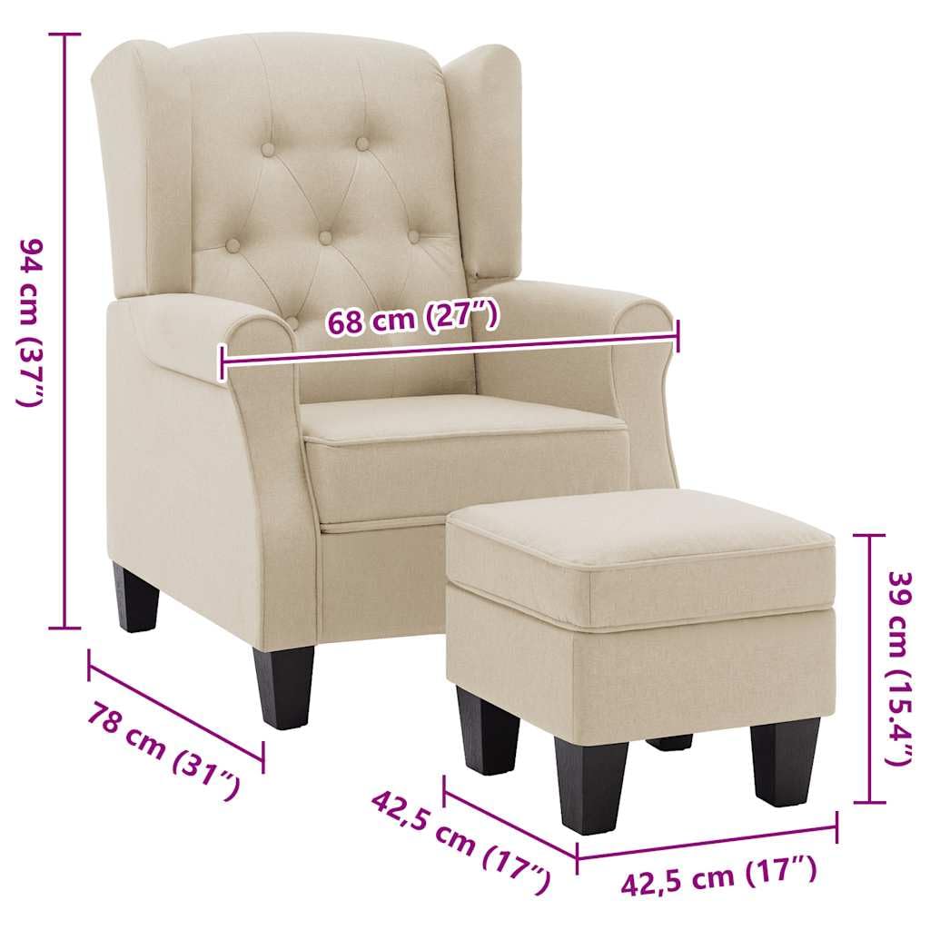 Fotel z podnóżkiem, kremowa tapicerka, 68 x 78 x 94 cm, z wysokim oparciem i drewnianą ramą, mebel wypoczynkowy do salonu, ergonomiczny i wygodny do czytania i relaksu