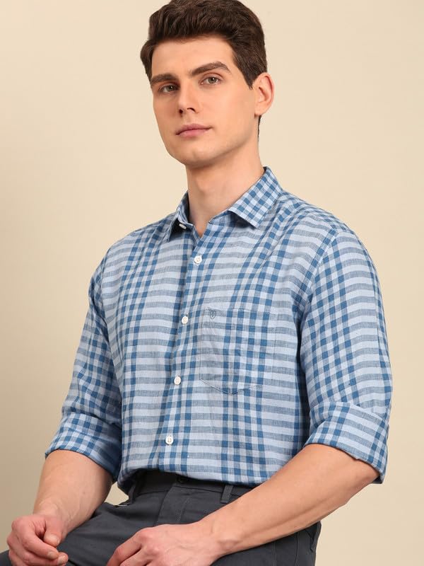 Image of Linen Club Men's Pure Linen Checked Contemporary Fit Full Sleeve Casual Shirt