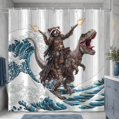 Image of iTapnoom Funny Bear Riding Dinosaur Shower Curtain, Kids Fun Animal Ocean Cool Wave Hilarious Bathroom Decor Waterproof Fabric 72x72 Inch with 12 Hooks