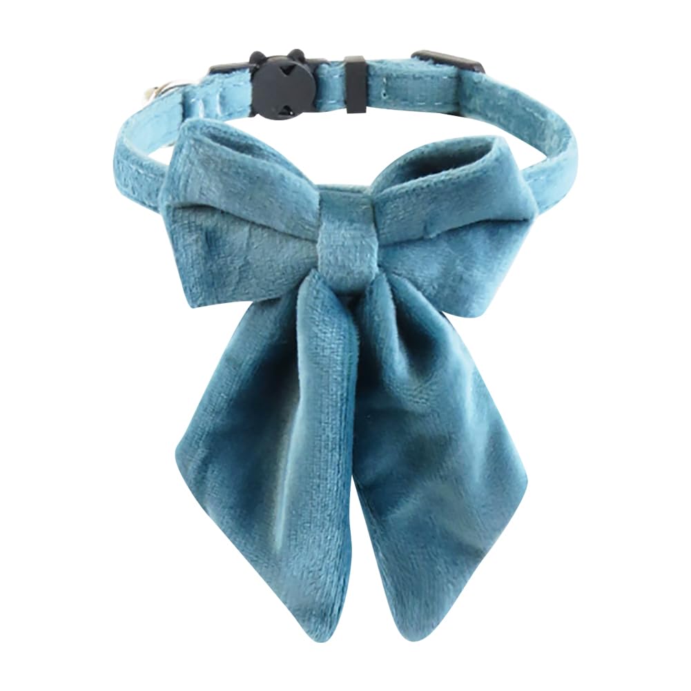 Velvet Bow Dog Collar with Bell Adjustable Soft Pet Collars Quick Release Cat Necklace Bowknot Kitten Collars Breakaway Puppy Collar with Plastic Buckle Blue