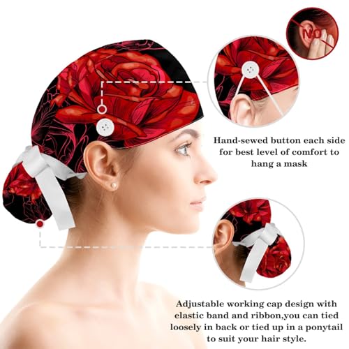 Image of Red Blooming Rose Flowers Black Working Cap with Scrunchy and Ribbon Tie for Women, Long Hair