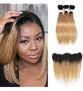 Ombre Human Hair Bundles with Frontal,Brazilian Hair Bundles with Lace Frontal,1B/27 Colored Stra...