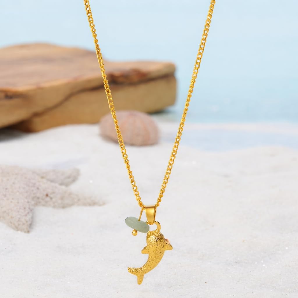 SUPAC Whale Shark Necklace with Sea Glass Accent, Gold and Silver Chain - 5 Color Options