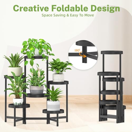 iDavosic.ly 6 Tier Folding Plant Stand Indoor Outdoor, Plastic Tray, Black